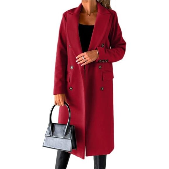 Womens Long Wool Coat Double Breasted Trench Coat Wine Red - Picture 1 of 4